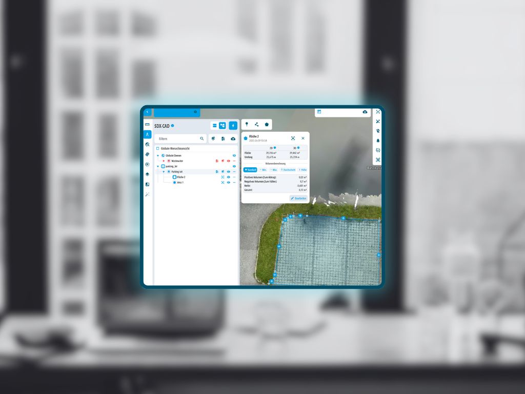 3D-Geländemodell mit Volumenanalyse mobil am Arbeitsplatz bearbeitet