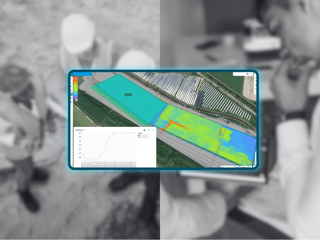 Digitale Geländeanalyse auf Baustelle mit eingeblendeter Volumenmessung
