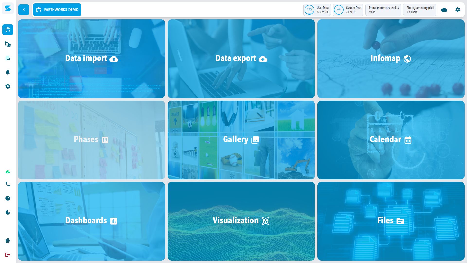 Benutzeroberfläche der Software mit Kacheln für Datenimport, Visualisierung und Projektmanagement