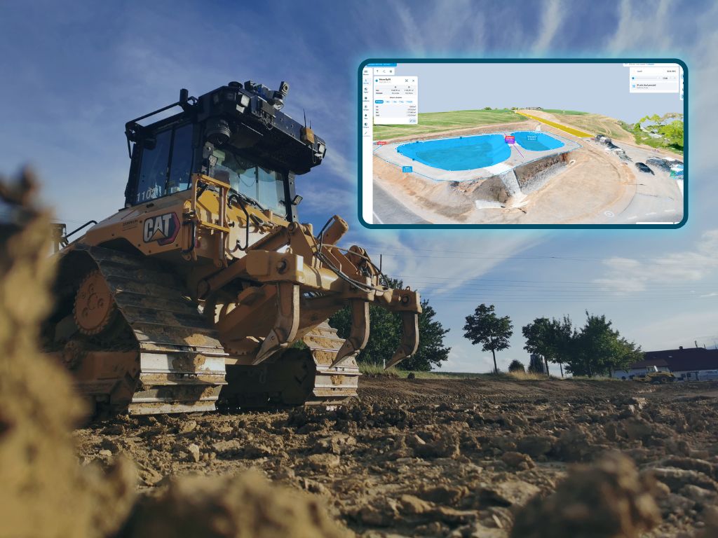 Planierraupe mit GNSS-Modul auf Baustelle, eingeblendetes 3D-Geländemodell zur Volumenberechnung